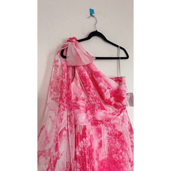 Marchesa one shoulder printed chiffon pleated dress pink US8 - Picture 7 of 10